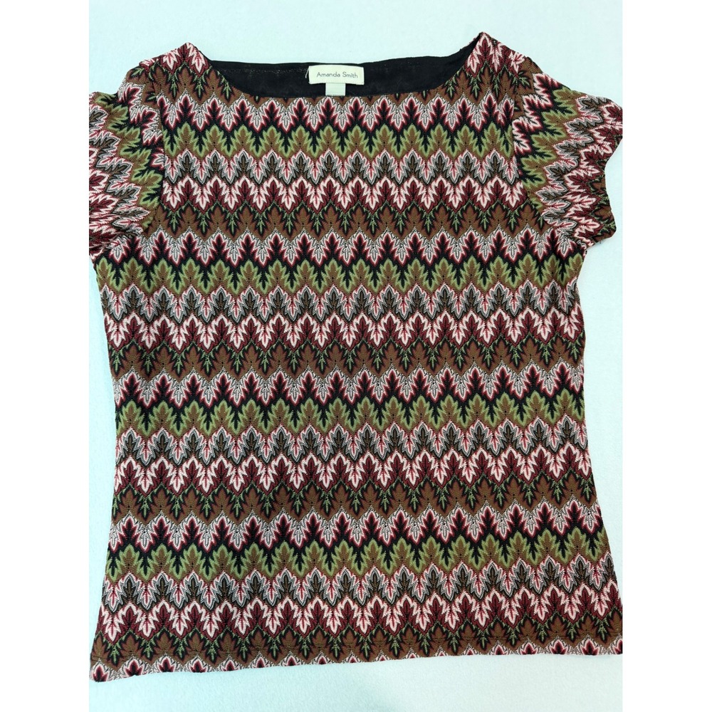 Amanda Smith Womens Large Multi Color Chevron Leaf Knit Boat Neck Top SS